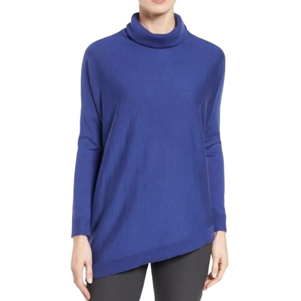 Eileen Fisher Royal Blue Merino Wool Turtleneck Sweater Size L Asymmetric